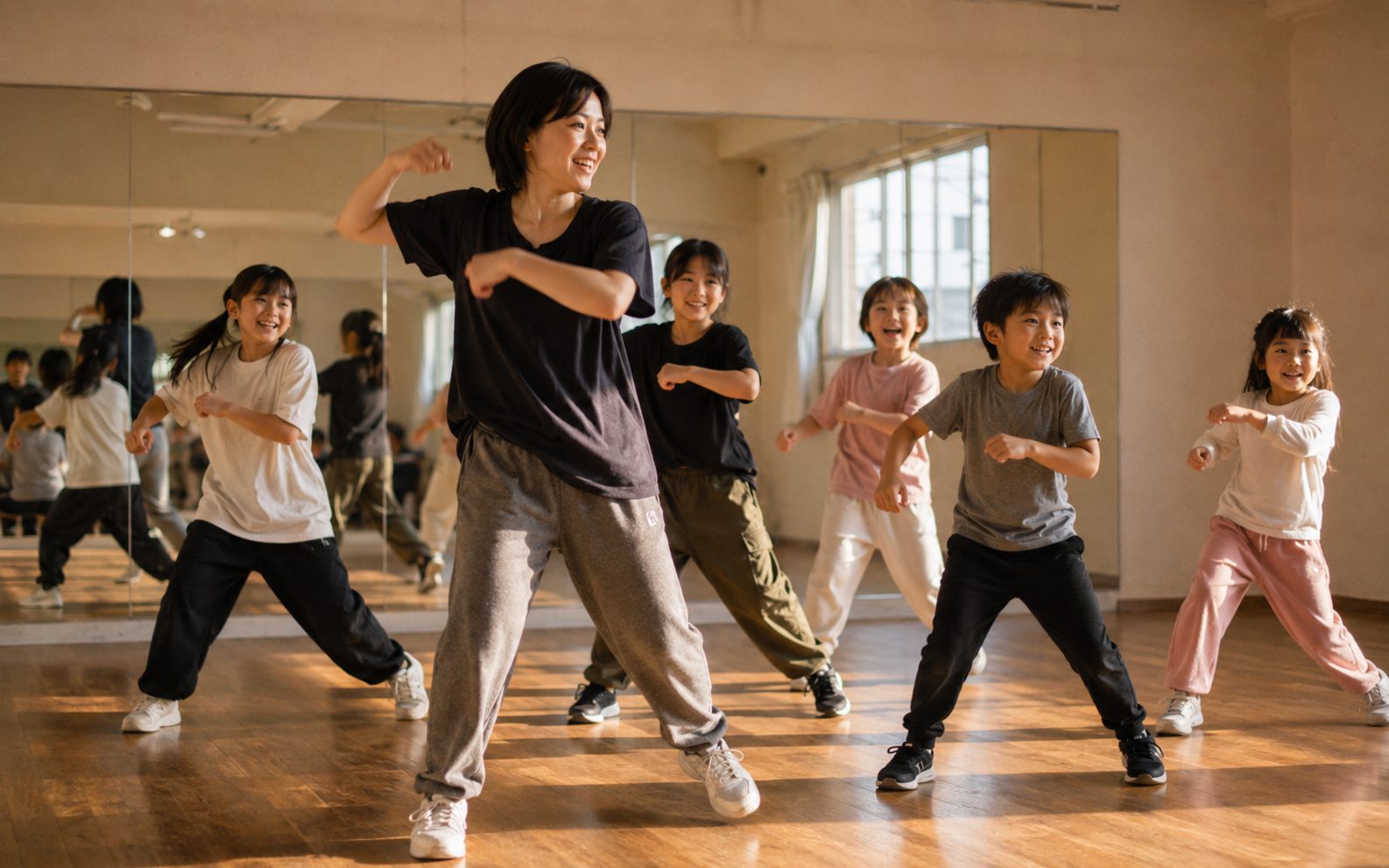 先生のお手本に合わせて踊る子どもたち